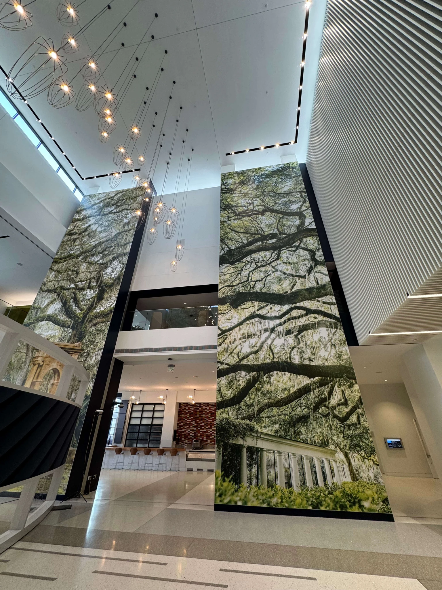 Monumental live oak photographs extend through multiple levels of the Savannah Convention Center entrance hall