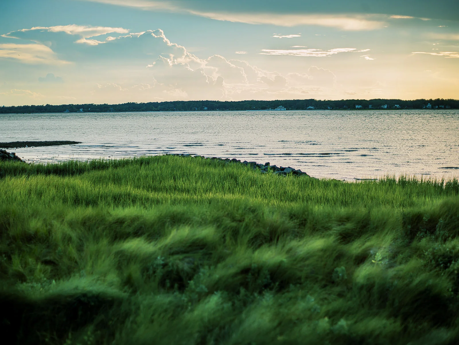 Soft evening light over marsh grasses and a quiet stretch of the Georgia coast