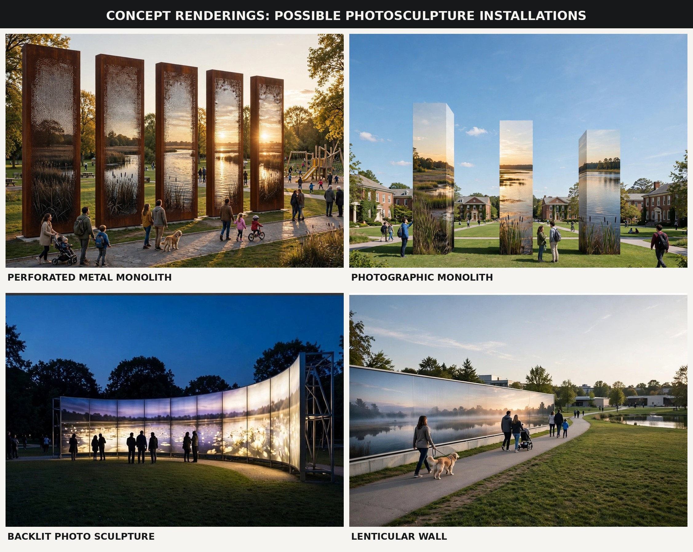 Concept sheet with proposed perforated-metal monoliths, photographic monoliths, backlit photosculpture and lenticular wall