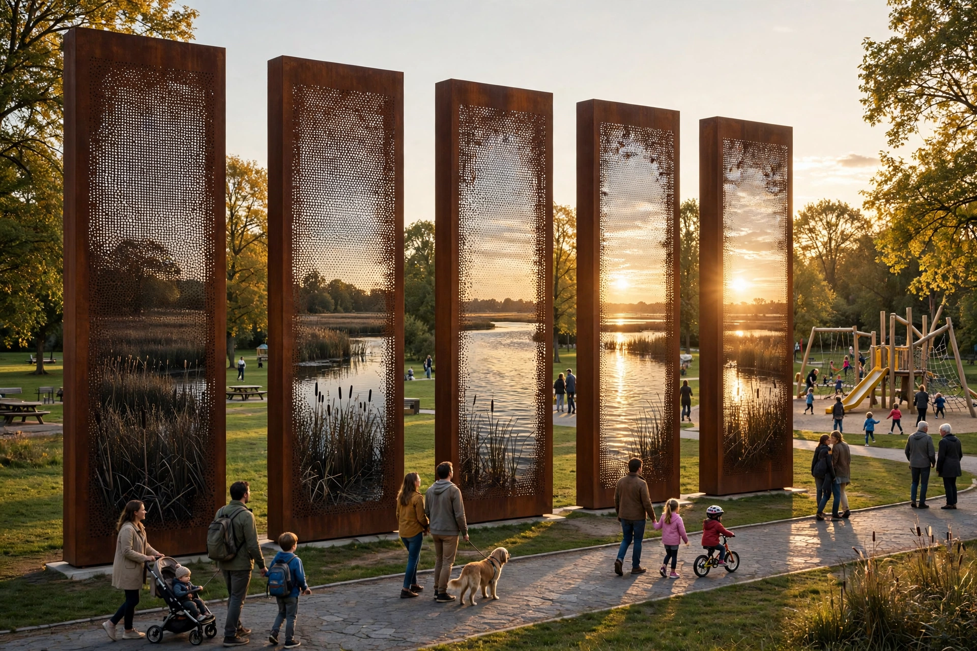 Concept mockup of five upright perforated-metal panels with wetland imagery beside a park path at sunset