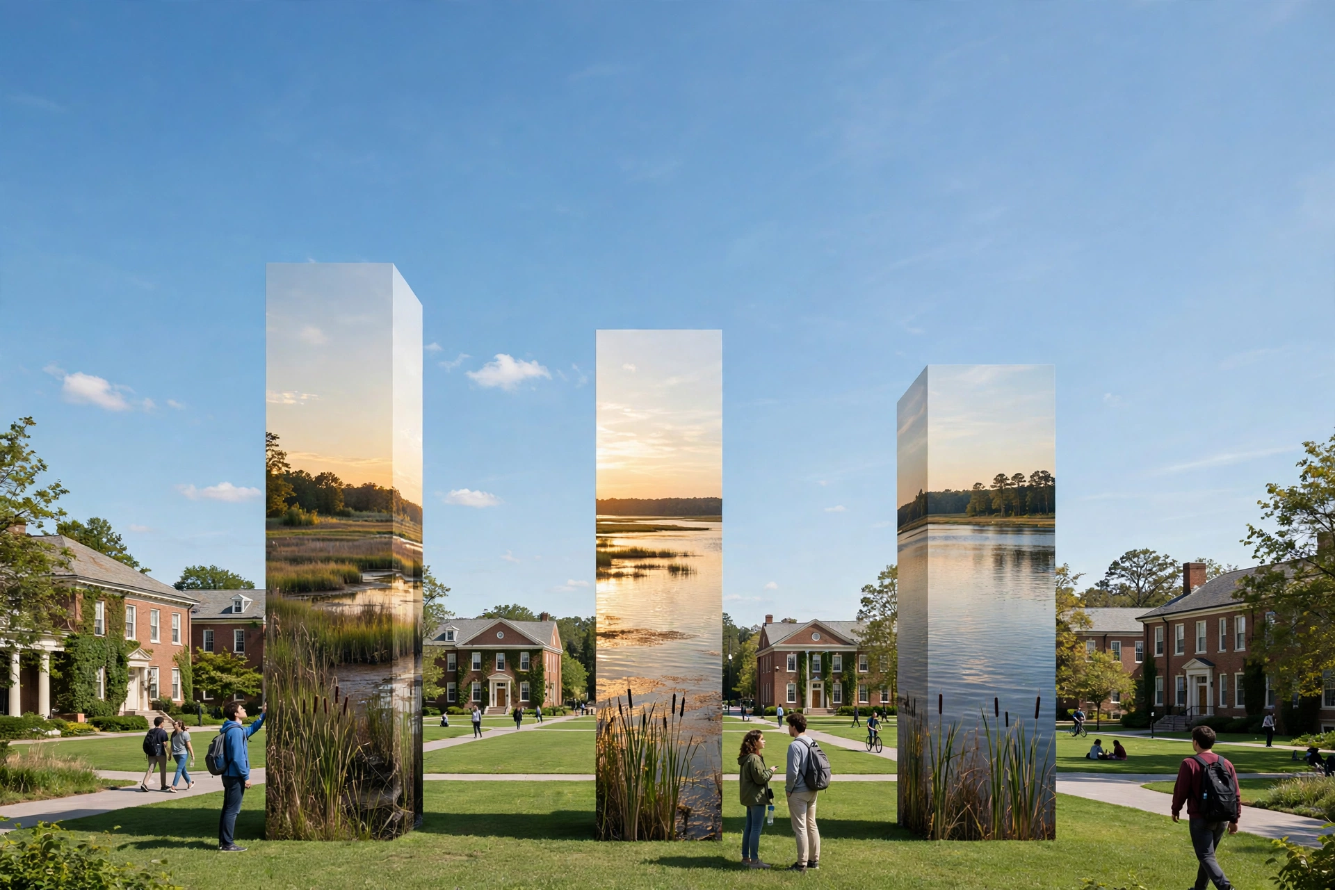 Concept mockup of three freestanding photographic monoliths showing wetland imagery in an imagined courtyard